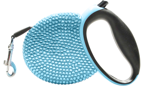 Blue luxury retractable dog leash covered in sparkling blue rhinestones, with a black handle, extending up to 3 meters.