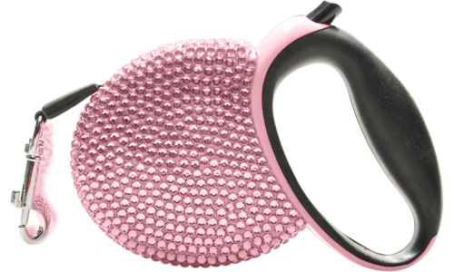 Pink luxury retractable dog leash covered in sparkling blue rhinestones, with a black handle, extending up to 3 meters.