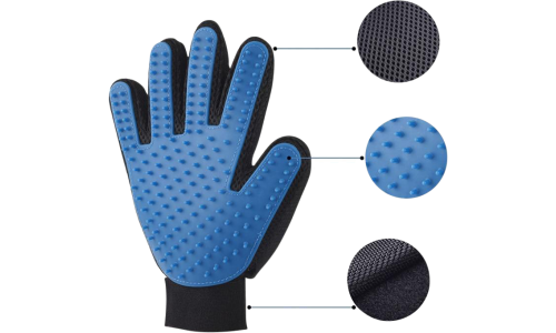 Blue grooming glove designed for grooming dogs and cats, detailed five fingers with rubber tips for effective pet grooming.