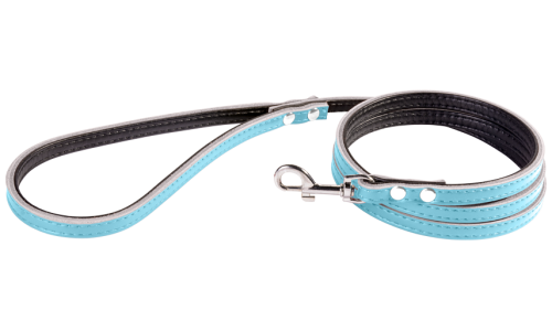 Blue leather dog leash, 1.5 meters, size small, sturdy stitching, durable clasp, padded inside genuine leather.
