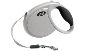 Retractable Dog Leash Grey retractable dog leash with ergonomic black handle, soft grip, with a metal clip for secure attachment.