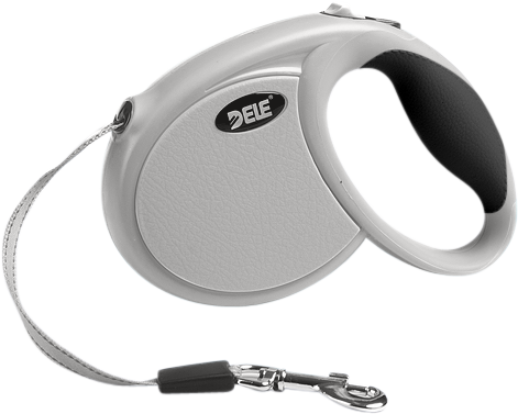 Retractable Dog Leash Grey retractable dog leash with ergonomic black handle, soft grip, with a metal clip for secure attachment.