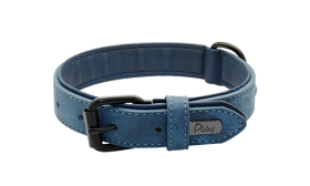 Blue luxury velvet dog collar, 35-37cm length and 1.7cm width, featuring a black metal buckle and D-ring for a stylish look.