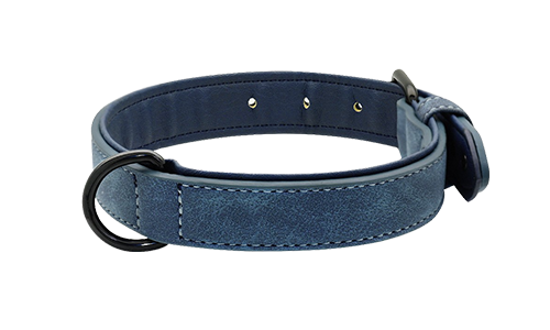 Blue luxury velvet dog collar with a soft inner lining, 35-37cm length and 1.7cm width, for comfort and durability.