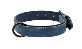Blue luxury velvet dog collar with a soft inner lining, 35-37cm length and 1.7cm width, for comfort and durability.