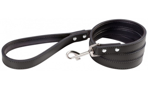 Black leather dog leash, 1.5 meters, size large, sturdy stitching, durable clasp, padded inside, genuine leather