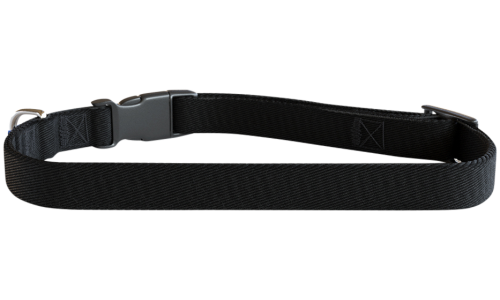Black embroided dog collar, 30-46cm in length and 1.5cm wide, lightweight nylon, customisable with dog's name and details.
