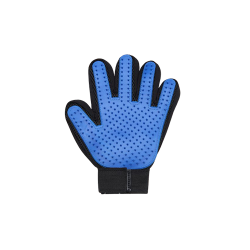 Blue grooming glove designed for grooming dogs, enhanced five fingers designed with rubber tips, with adjustable strap.