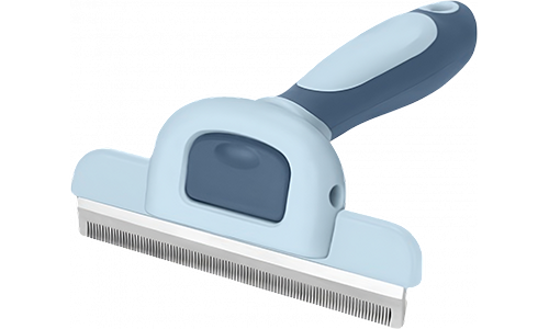 Blue dog grooming brush with fine metal teeth and ergonomic handle, designed for removing loose fur and reducing shedding.