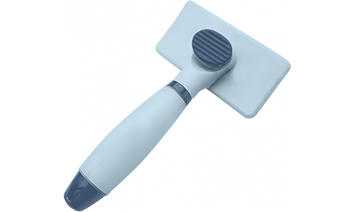 Blue self-cleaning slicker brush for dogs and cats with handle, with cleaning button for easy fur removal, suitable for dogs.