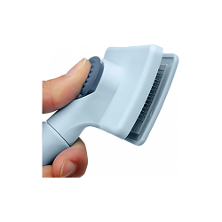 Blue self-cleaning slicker brush for dogs and cats with handle, with cleaning button, gentle bristles for dog comfort.
